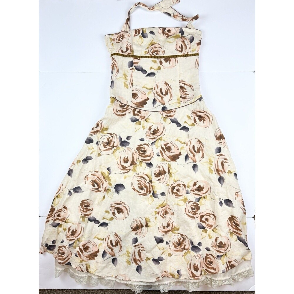 Cottagecore Linen Dress Summer A-Line Floral Natural Neutral Sz 6 Sara Isabella